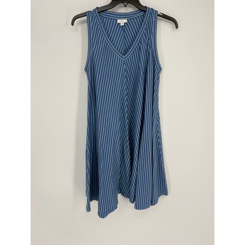 J. Jill Fit Dress Women L‎ Petite Blue Striped Sleeveless V-Neck 100% Cotton